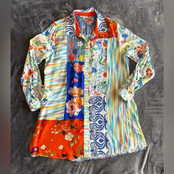 JOHN MARK Patchwork Floral Print Roll Tab Sleeves Tunic Shirt Size M Boho RARE - Picture 2 of 16